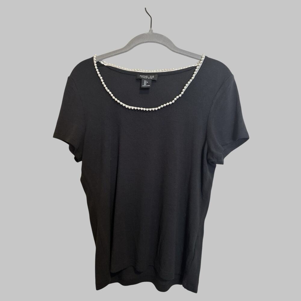 Rachel Zoe Womens Faux Pearl Trim Ribbed Short Sleeve Top Quiet Luxury Size L